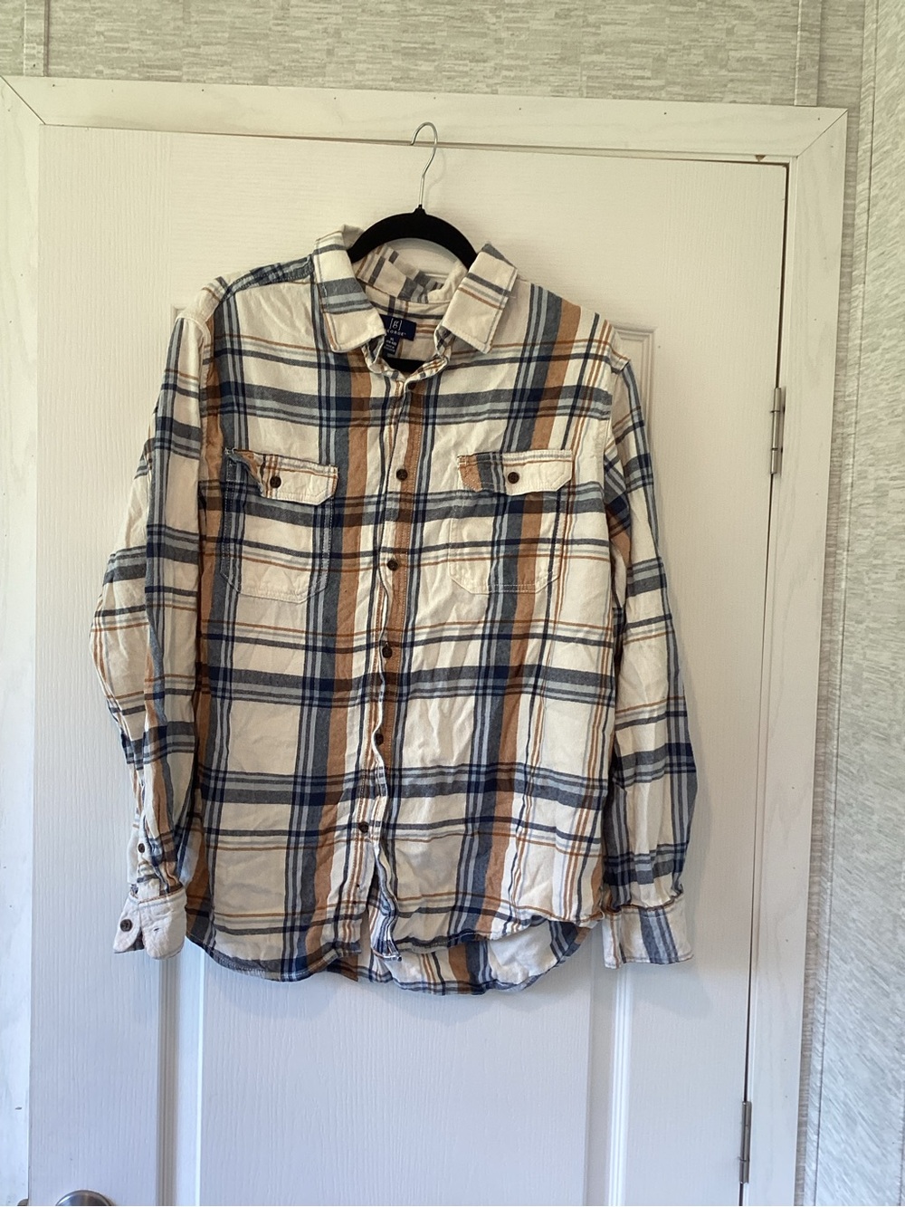 George Men's Casual Button-Down Plaid Shirt in White, Blue, and Brown XLEuc